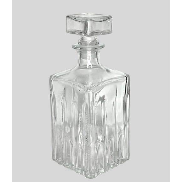 Italian Vintage GLASS DECANTER BOTTLE Italy Square Stopper Cut Lines 10" Clear - Picture 5 of 6